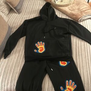 Trendy Black Track Suit with fun colored Hands applica Size S
